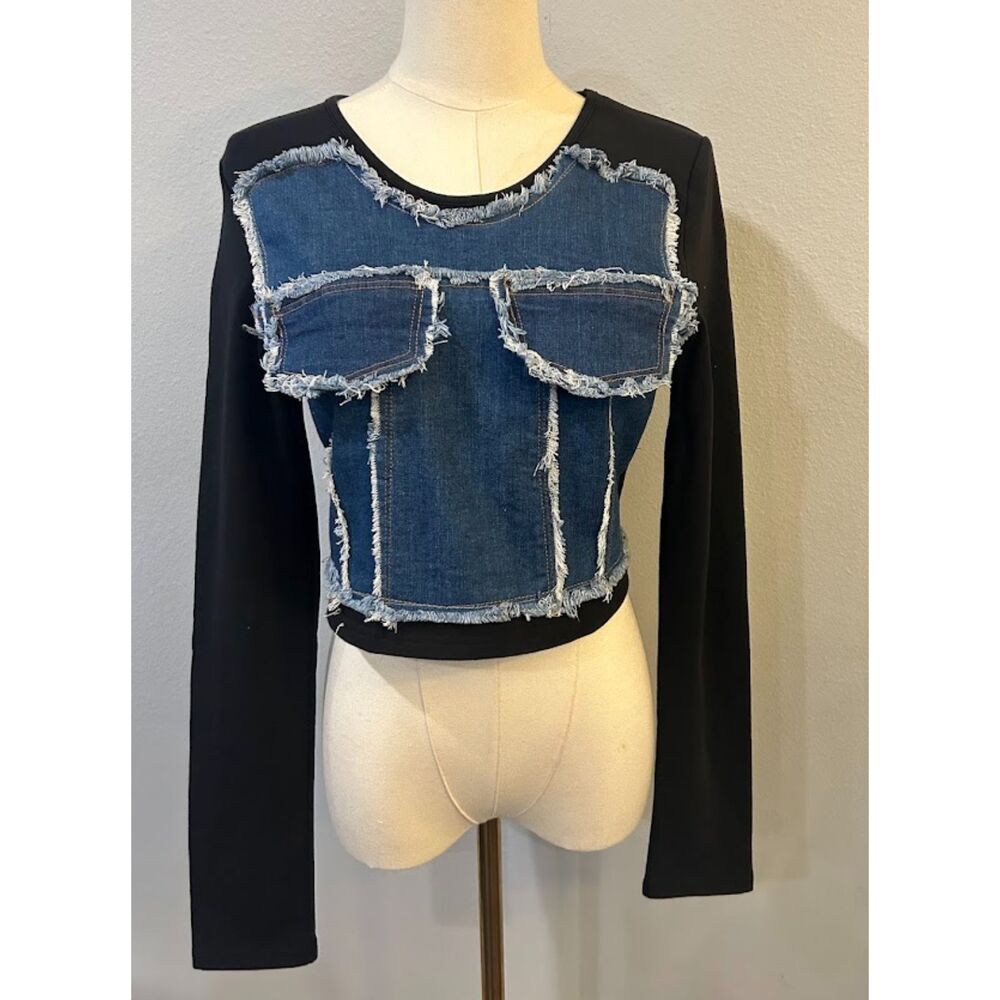 La Bijou long-sleeve patchwork denim crop top